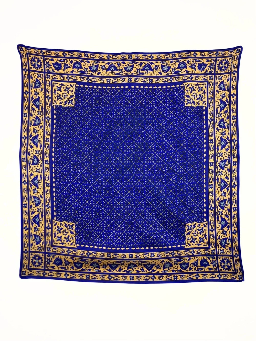 Vintage Albert Nipon 100% Silk Scarf Blue Gold Floral Hand Rolled 34x32